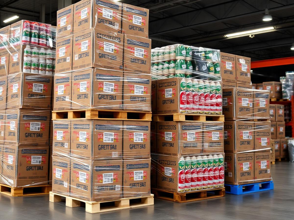 Palletized cases of packaged food and beverage products in a distribution warehouse